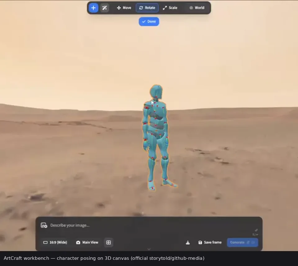 Верстак ArtCraft: 3D-персонаж на пустынном холсте с элементами Generate